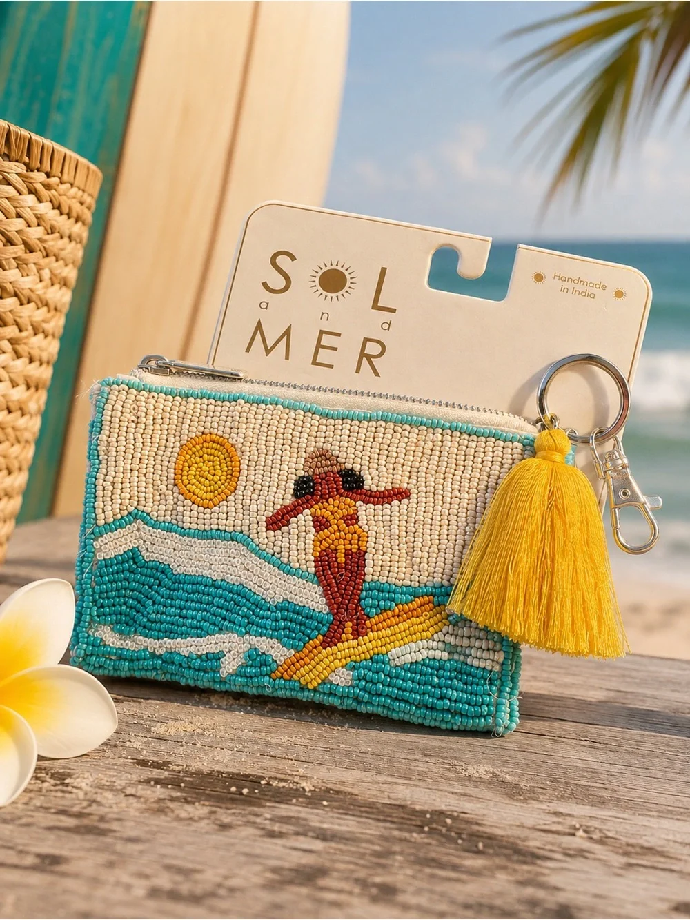 NWT Sol & Mer Handmade Beaded Surfer Girl Coin Purse Keychain Coastal Bag Charm